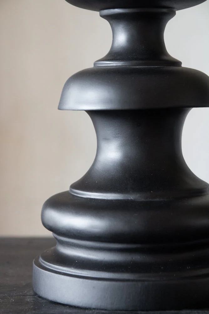 Black Wood Turned-Style Table Lamp With Linen Lamp Shade - Image 3