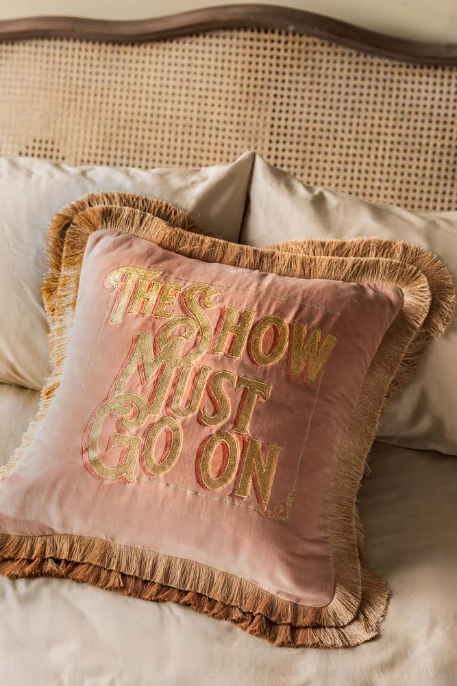 Pink Velvet Double-Fringed Show Must Go On Embroidered Cushion - Image 5