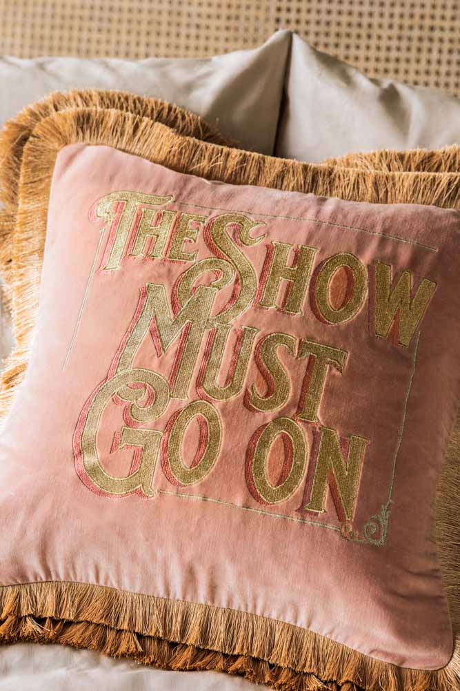 Pink Velvet Double-Fringed Show Must Go On Embroidered Cushion - Image 6