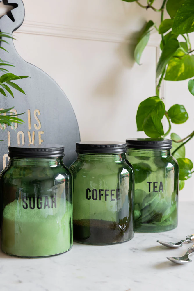 Green Glass Storage Jar With Black Lid - Coffee - Image 3