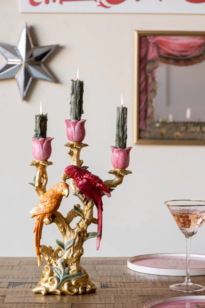 Red Lovebirds & Roses Candlestick Holder - Image 3