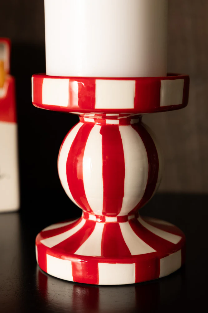 Red & White Stripe Pillar Candle Holder - Image 2