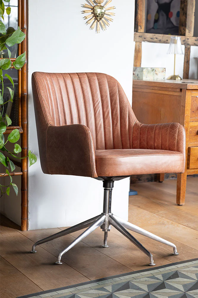 Ribbed Antique-Style Brown Leather Swivel Chair