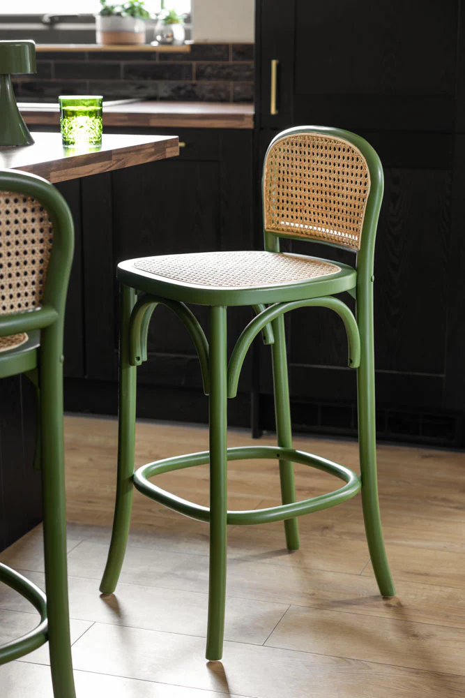 Set of 2 Chez Pitou Wood & Woven Cane Bar Stools in Green - Image 4