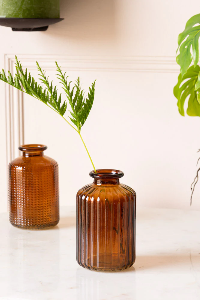 Set of 2 Embossed Glass Bottles in Amber